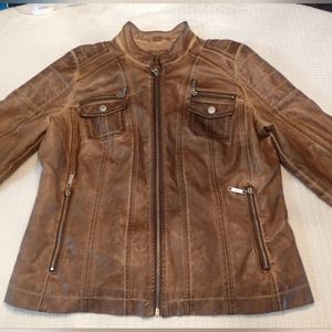 Odyn Brown Distressed Faux leather moto jacket